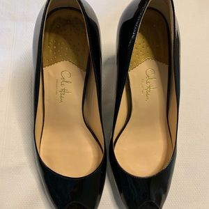 Cole Haan black patent peep toe heels